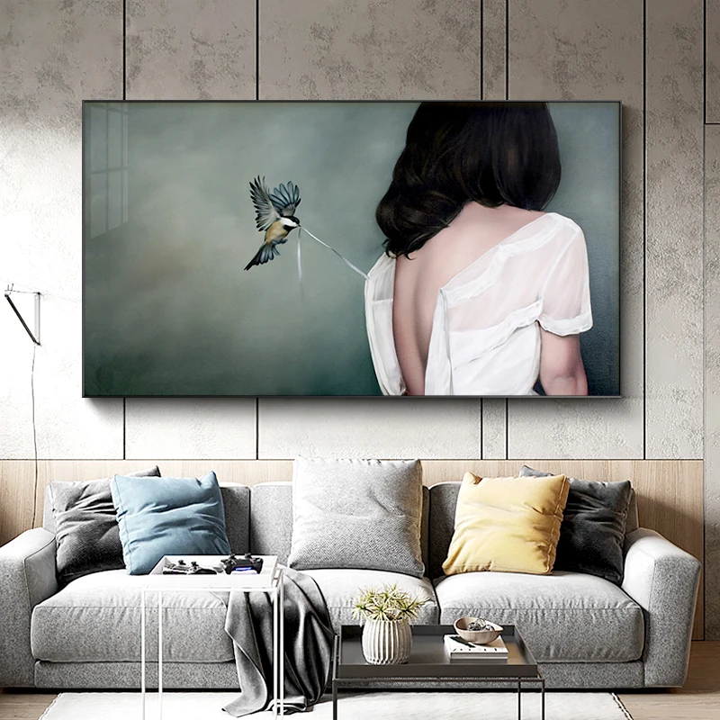 

Healing Beauty Figures Back View Birds Canvas Art Painting for Living Room Home Decor (No Frame)