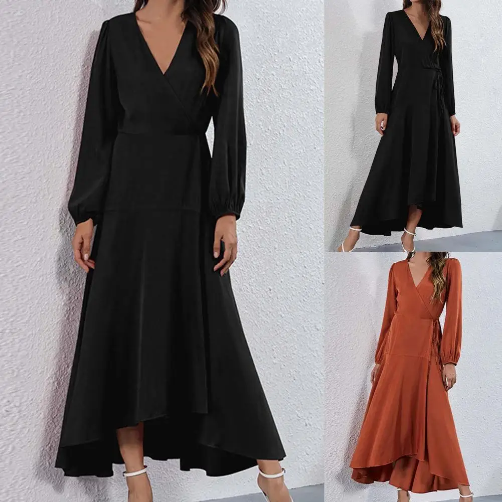 

Lady Dress Solid Color Spring Autumn Dress V Neck Plus Size Long Dress Side Split Lantern Sleeve Loose Long Dress for Daily Wear