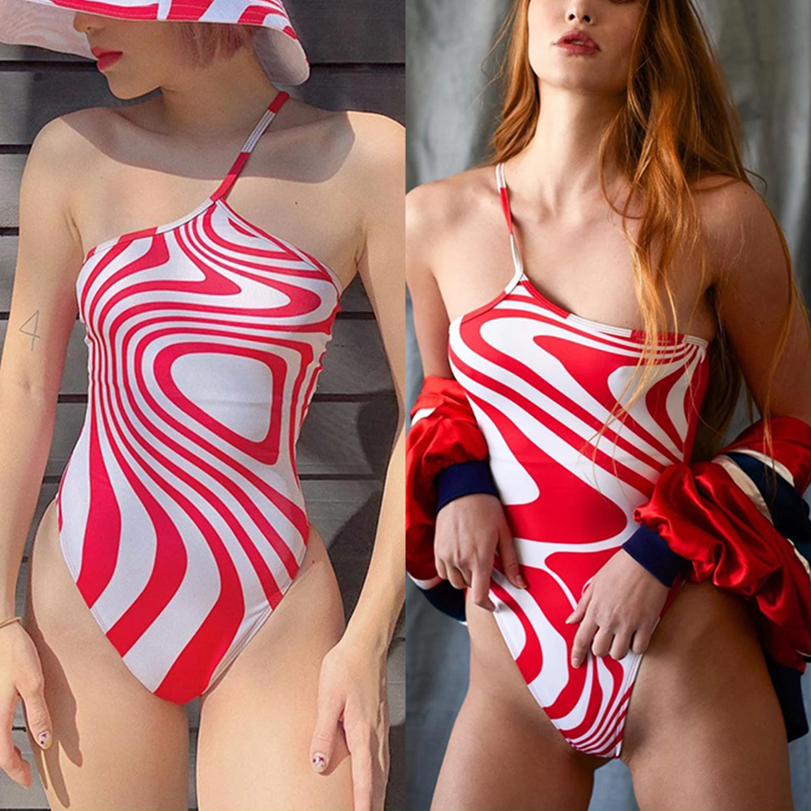 

Women Summer Bodysuits, Stripe One-Shoulder Sleeveless Backless Strappy Tight Playsuit for Girls, Red/Blue