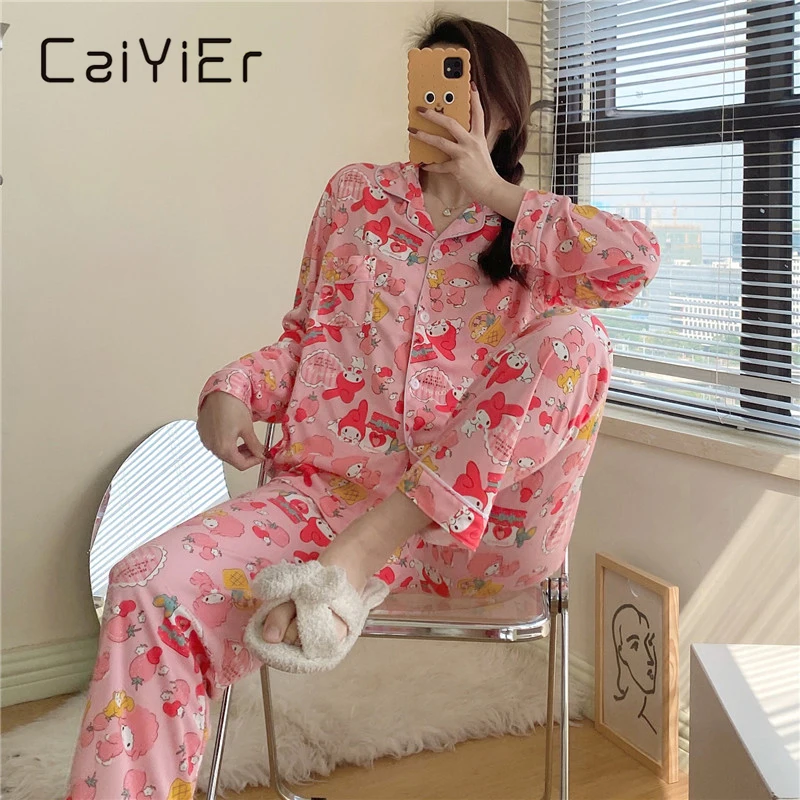

CAIYIER New Spring Autumn Pink Women Pajamas Set Cute Cartoon Girls Korean Nightwear Long Sleeve Trousers Lounge Sleepwear M-2XL