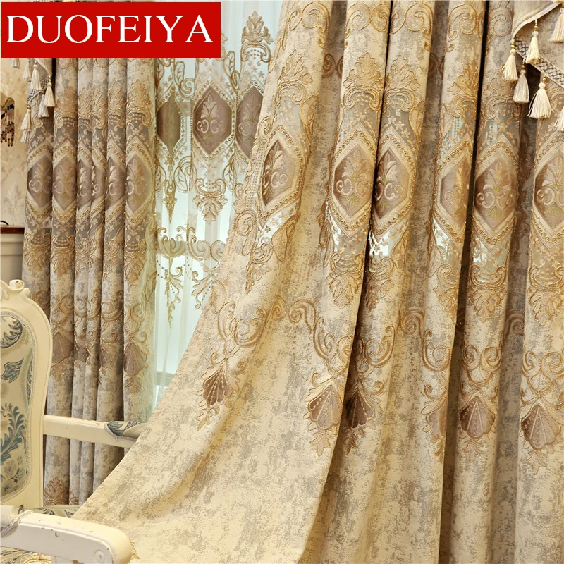 

European and American Luxury High Quality Elegant Beige Chenille Embroidered Blackout Curtains for Living Room Windows Bedroom