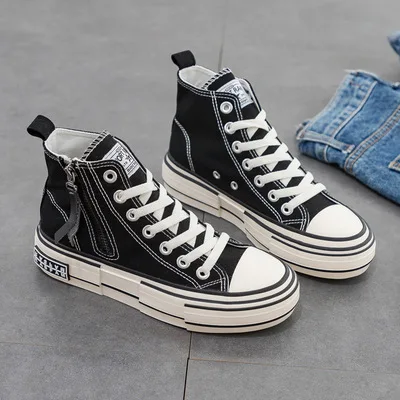 

Korean Autumn zipper small side black shoes female students white casual shoes thick soles women's shoes walking shoes