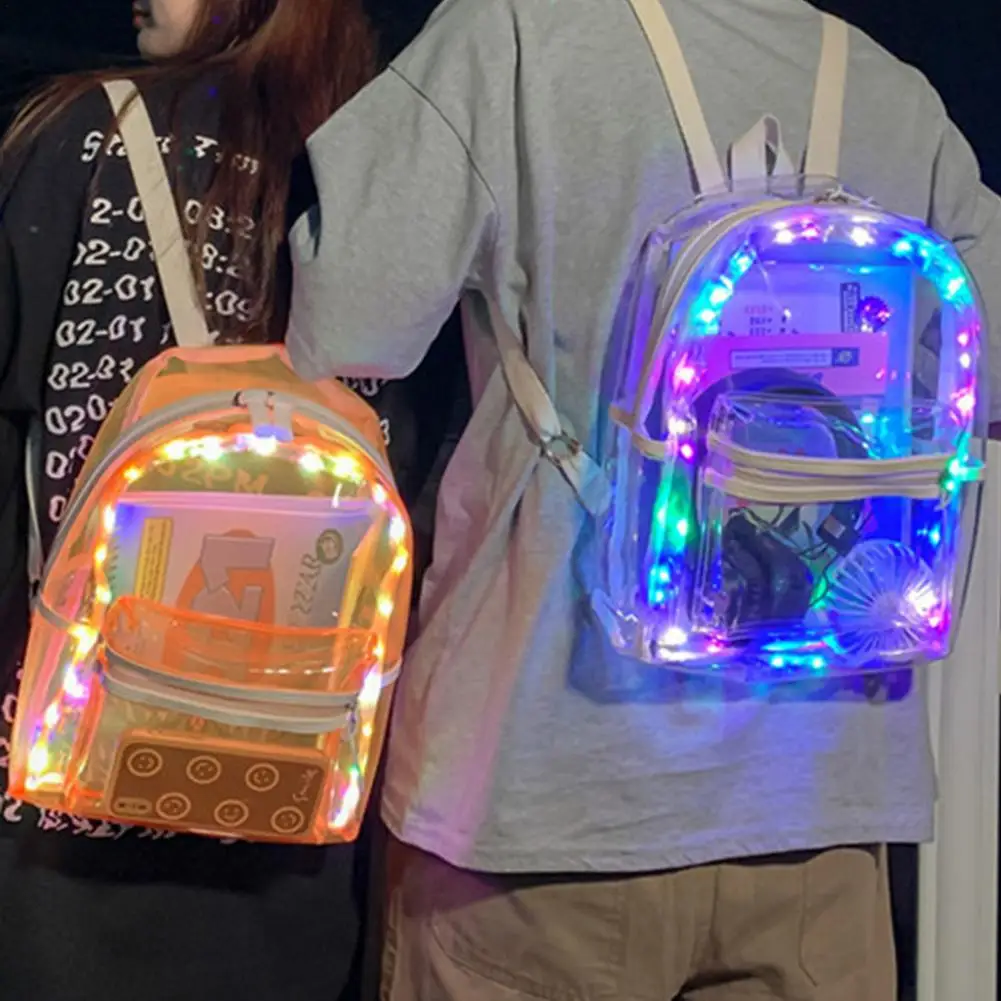 New LED Lights Unisex Backpack Transparent Clear Bagpack School Bag Cool Girl Boys Bag Lumious Night Outdoor Travel Bag