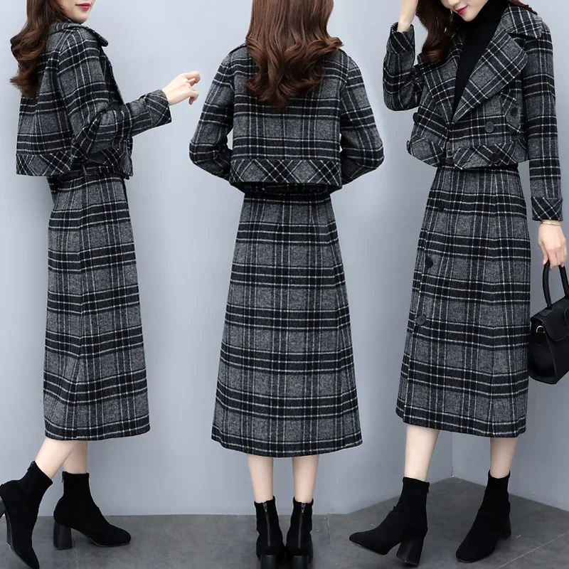 

Women Elegant Plaid Long Skirt Suits Fashion Casual Office Clothes Womens Short Jacket and Mid-calf Skirt Set Two Pieces Outfits