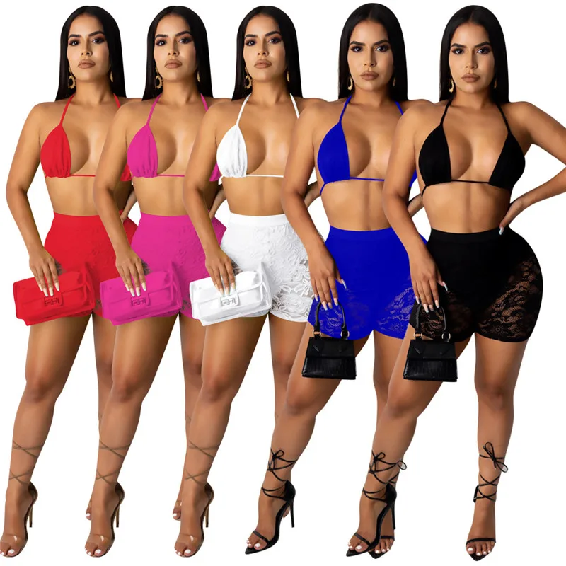

Women Halter Bra Crop Top+ Lace Splicing Shorts Leggings Jogger Fashion Bathing Suit Suit Two Piece Set Sport Matching Set S-XXL