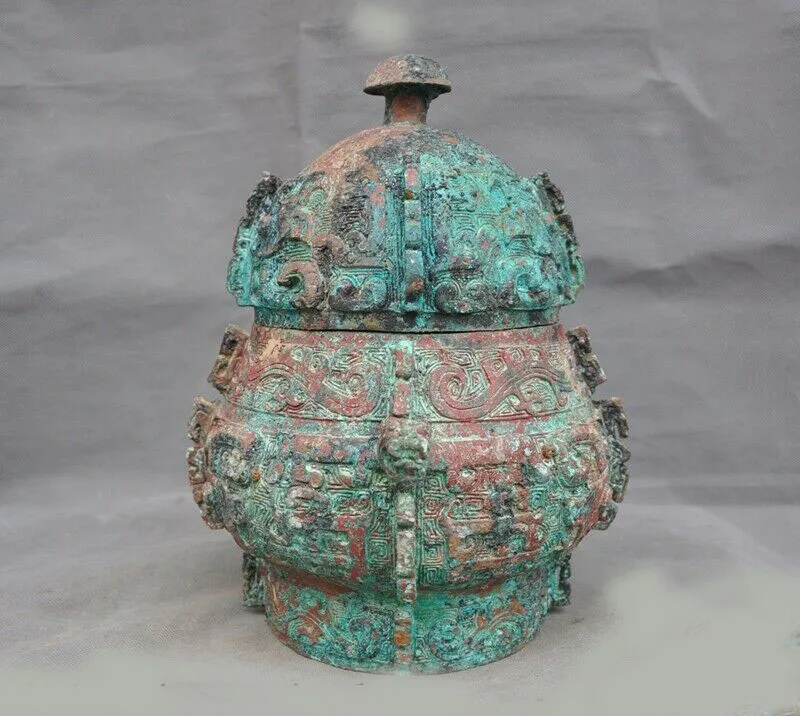 

wedding decoration Xi Zhou Dynasty Antique China Bronze Ware Beast pattern Wineware Crock pot jar