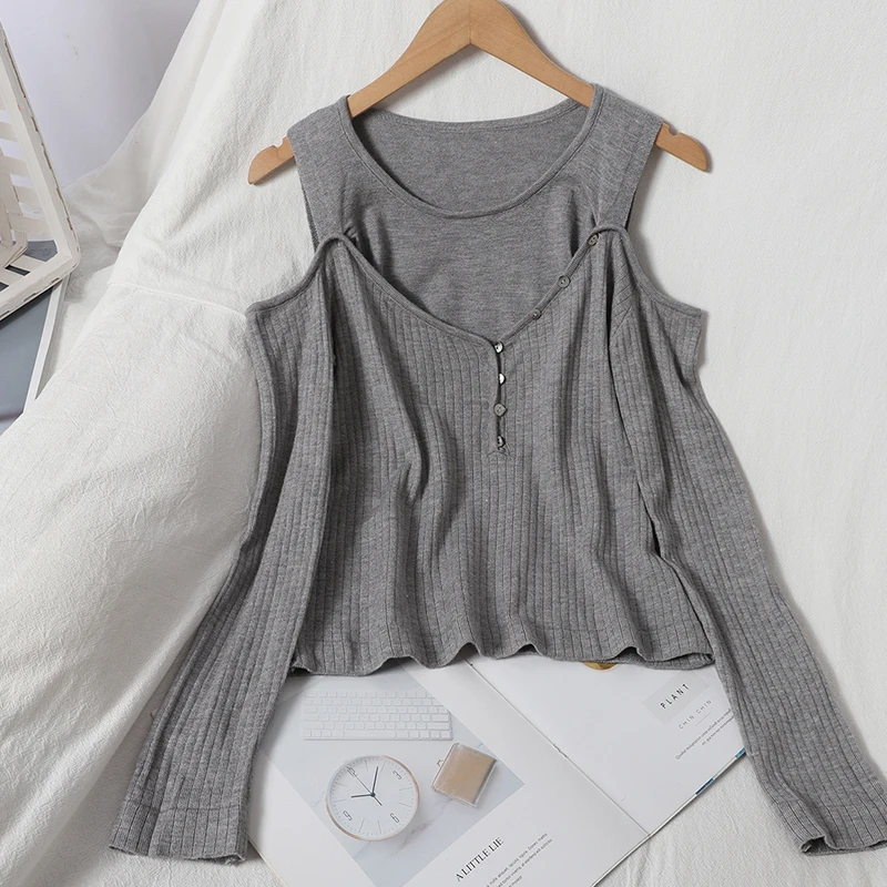 

Fashion Strapless Elegant Knitwear Women O-Neck Long Sleeve Fake Two Pieces Knitted Top 2020 Autumn New Patchwork Jumpers