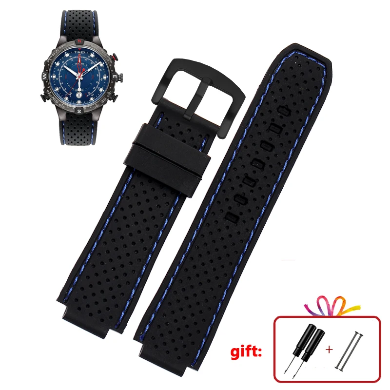 Для мужских часов Timex T49859 | T2N720 | T2p141 | T2n722 | 723 | 738 | 739 водонепроницаемый резиновый ремешок 24*16 мм наконечник с инструментами сережки-гвоздики - Цвет ремешка: black blue black