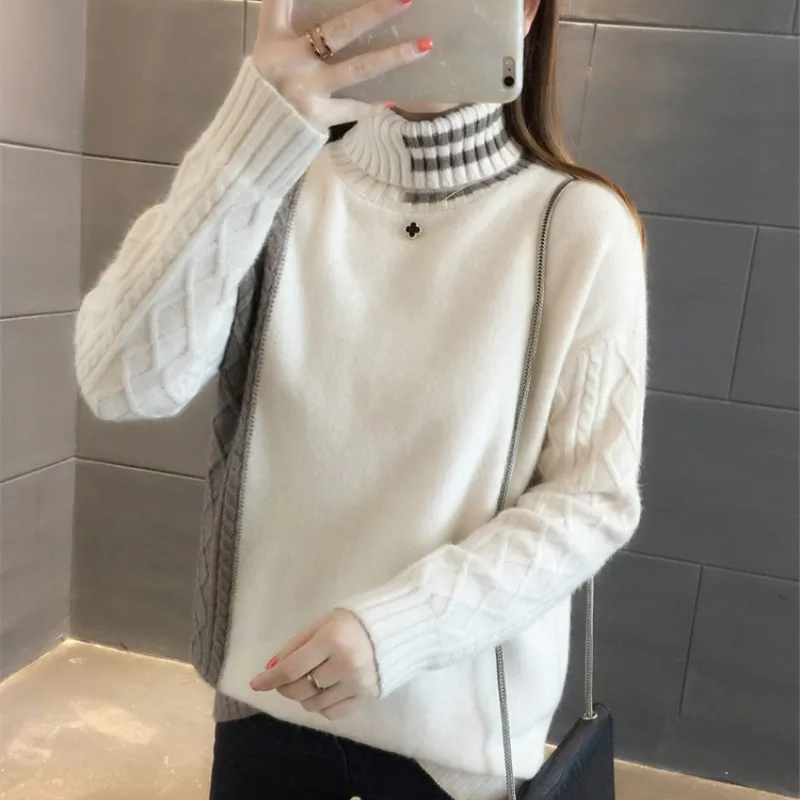 

Winter Thick Women Turtleneck Sweater Fashion Winter Patchwork Knitted Pullover Warm Sweater Casual Long Sleeve Jumper