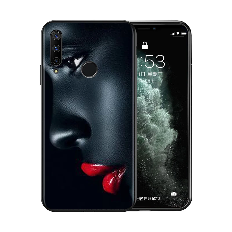 Black Soft TPU Cover Beauty Red Lips for Honor 9X 9 Lite 8S 8C 8X 8A 8 2019 2020 7A 7S 7C Pro Phone Case