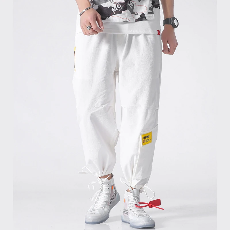 

Summer Men Multi-pocket Elastic Waist Design Harem Pant Casual Trousers Joggers Male Cargo Pants Streetware Hip Hop White 5XL