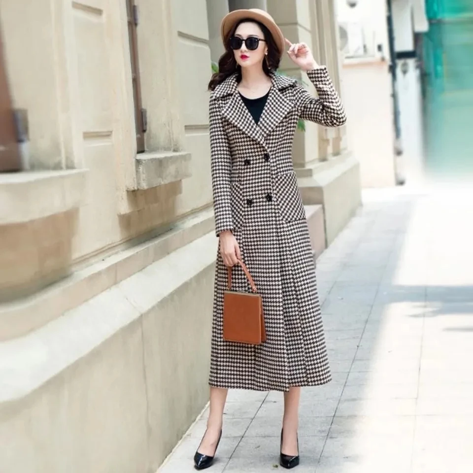 

Hepburn Style Non-Ball Woolen Woolen Coat For Autumn And Winter 2021 New Korean Style Slim Fashion Houndstooth Long Coat