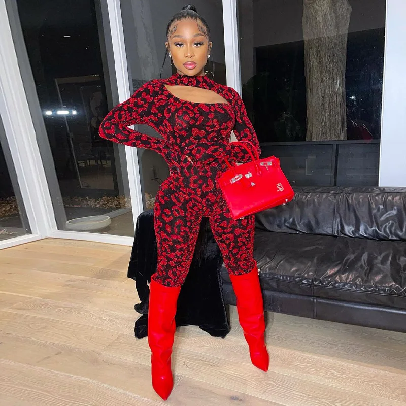 

2021 New Active Leopard Print Body Romper Women Jumspuit Sexy Black Red Hollow Out Leggings Bodycon Club Party Jumpsuit Outfit