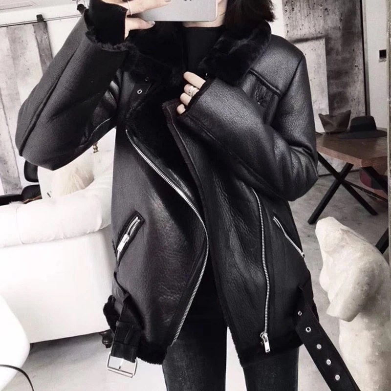 

2020 Winter Black Leather Jacket Women Thick Faux Leather Fur Sheepskin Coat Female Fur Leather Jacket Outwear