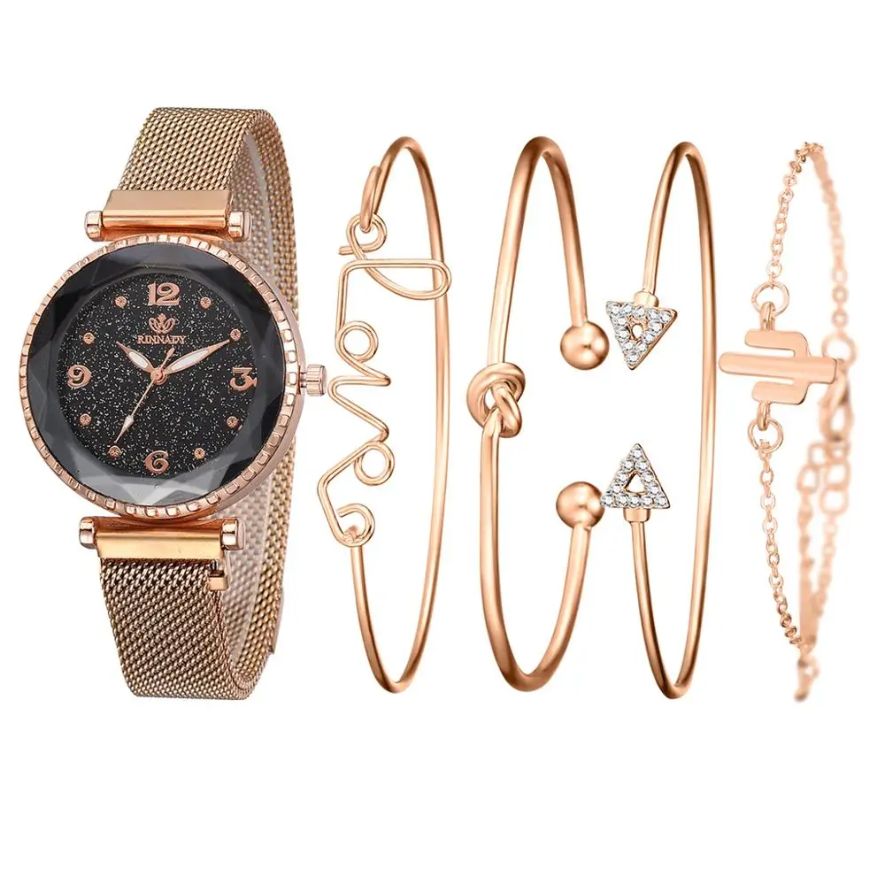 

5pc/set Luxury Brand Women Watches Starry Sky Magnet Watch Buckle Fashion Bracelet Wristwatch Roman Numeral Simple Clock Gift