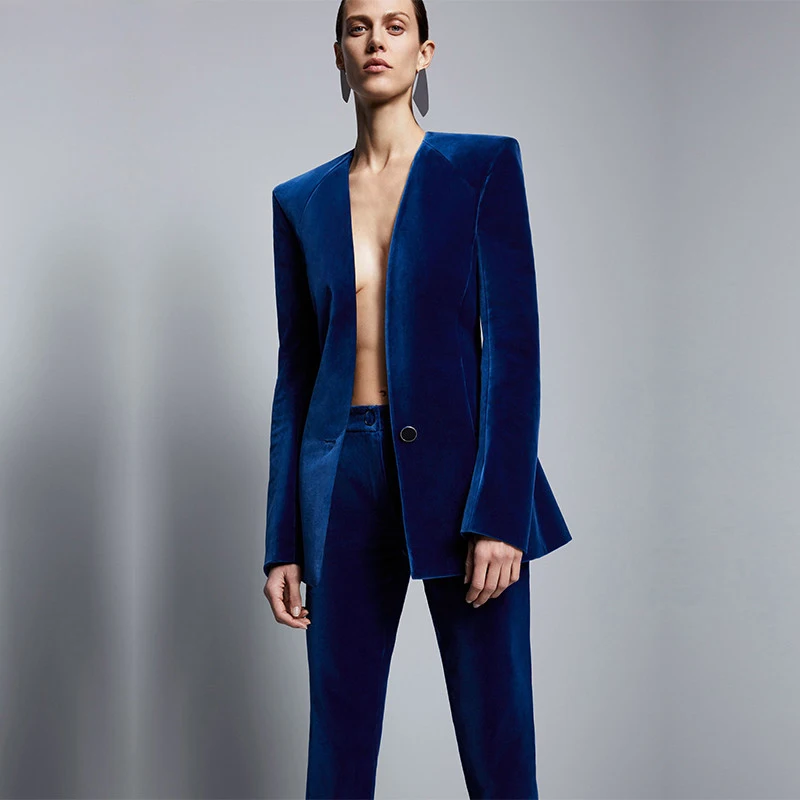 Fashion Royal Blue Velvet Women Formal Business Pant Suits Slim Fit Office Ladies Tuxedos Uniform Costume Femme | Женская одежда