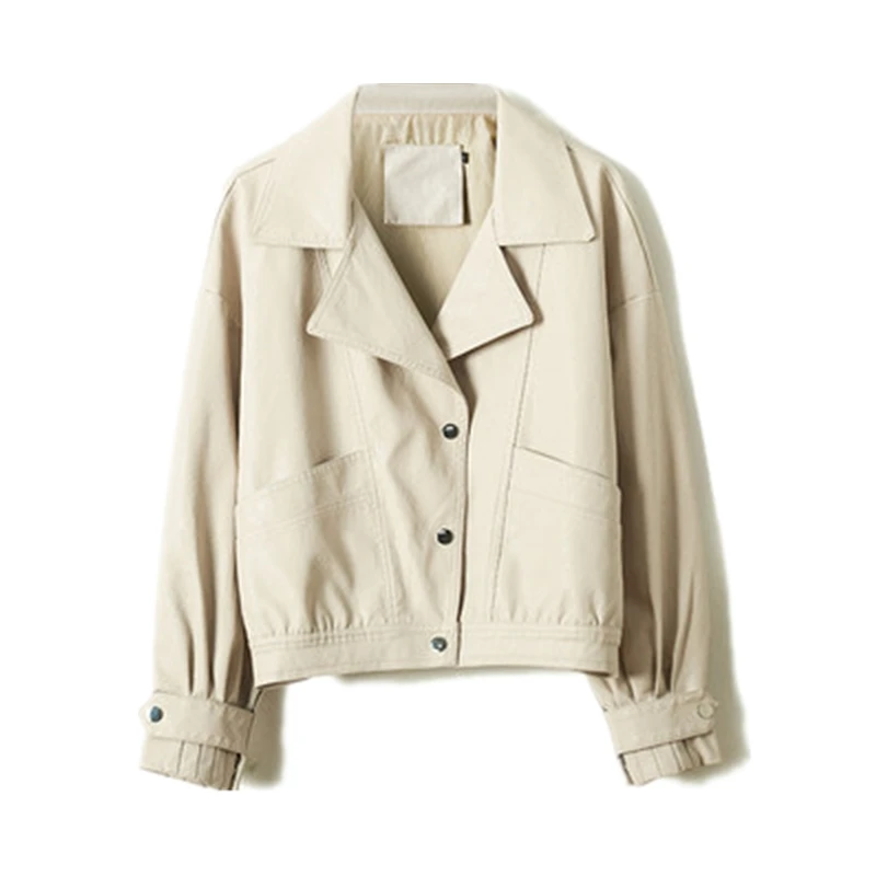 

FMFSSOM New Autumn Women Short Pu Faux Leather Crop Jacket Streetwear Batwing Sleeve Loose Turn Down Collar Coat Outwear
