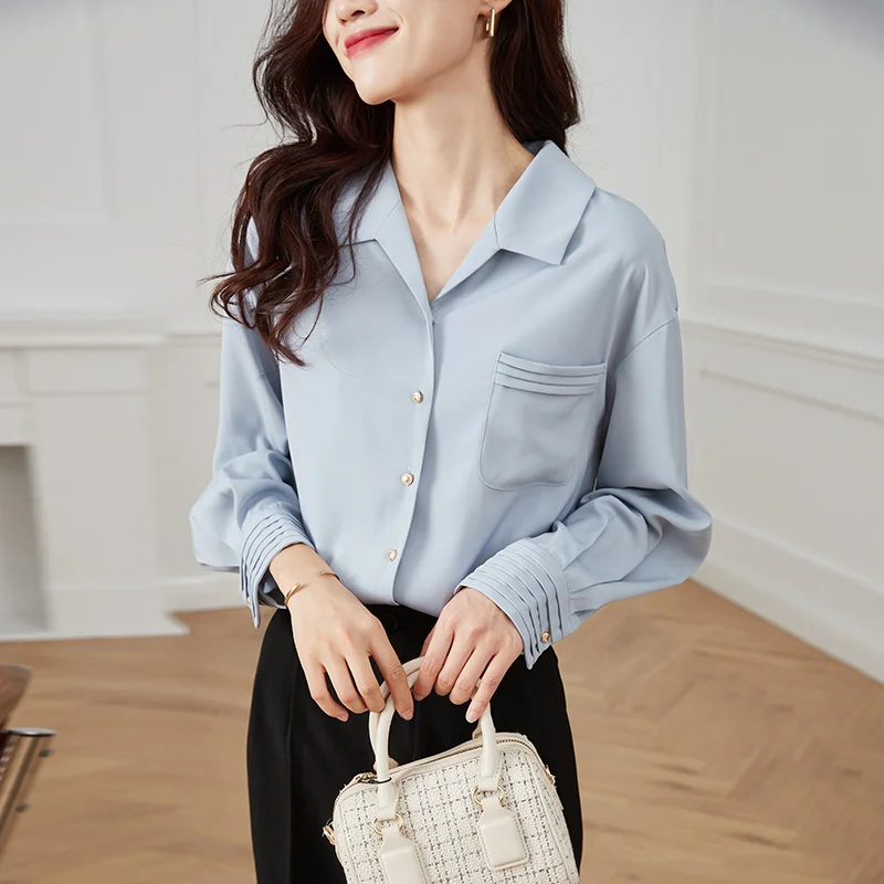 

Элегантная женская блузка на весну, милая блузка с длинным рукавом, топ с отворотом, блузка, женская блузка