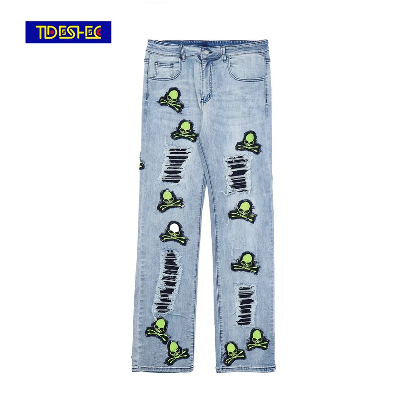 

TIDESHEC Embroidered Skull Jeans Ripped Design Skull Straight Leg Pants Men Women Wide Leg Pants Hip Hop Streetwear Denim Pants