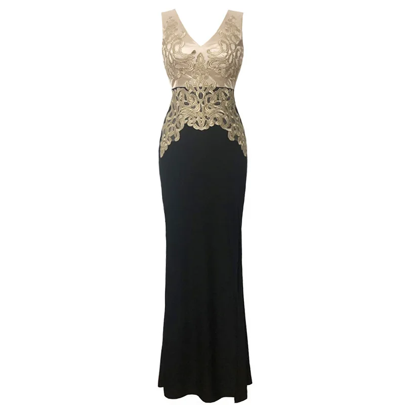 

BacklakeGirls Black Gold Embroidery Lace Long Evening Dress Gorgeous Formal V Neck Long Sexy Women Party Special Occasion Dress