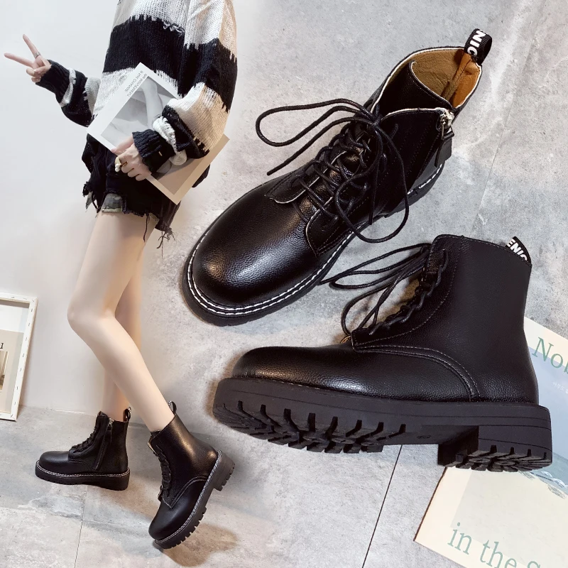 Ботинки Новинка женские martin на толстой подошве кожаные ботинки с круглым носком