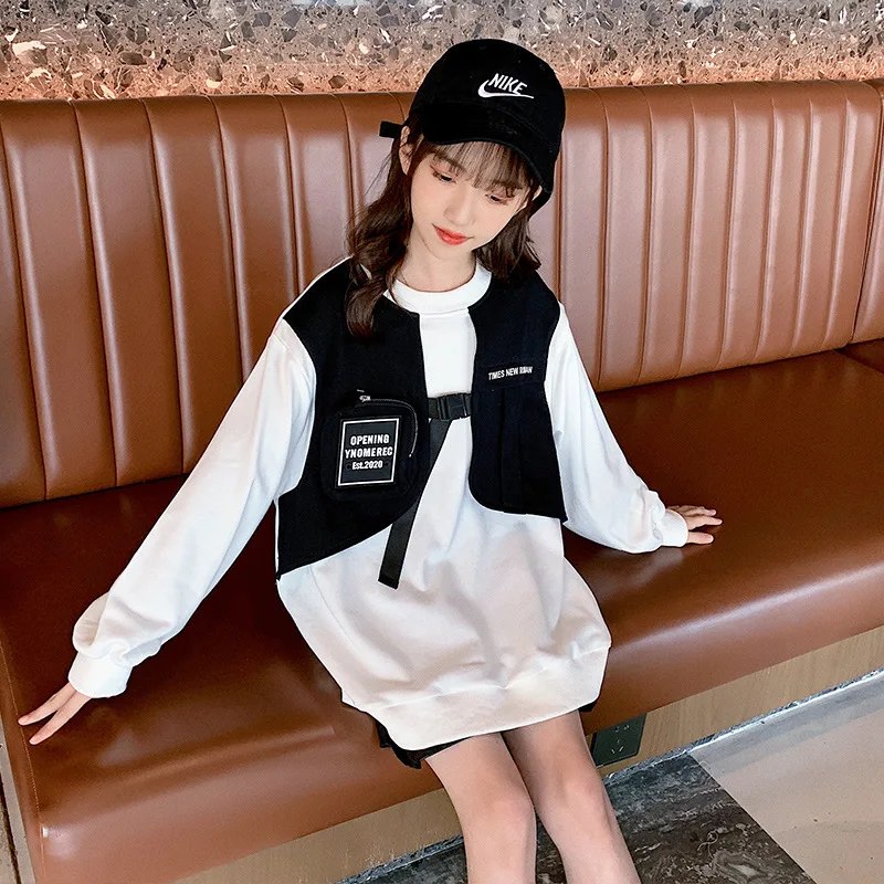 

New Arrival Kids Girls White Sweatshirts Cotton Fake Two Pieces Cargo Tops for Teenage Girl Autumn Children Pullover Clothes 12Y