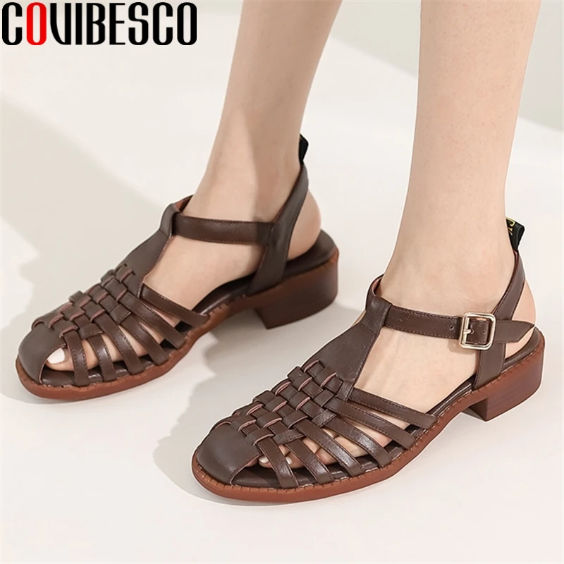 

COVIBESCO Low Heels Casual Women Sandals Genuine Leather Weave Rome Style Retro Concise Summer Gladiator Shoes Woman 2021 New