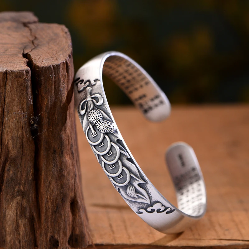 Браслет серебряный пять императоров с сутрой сердца для мужчин и женщин|Гибкие