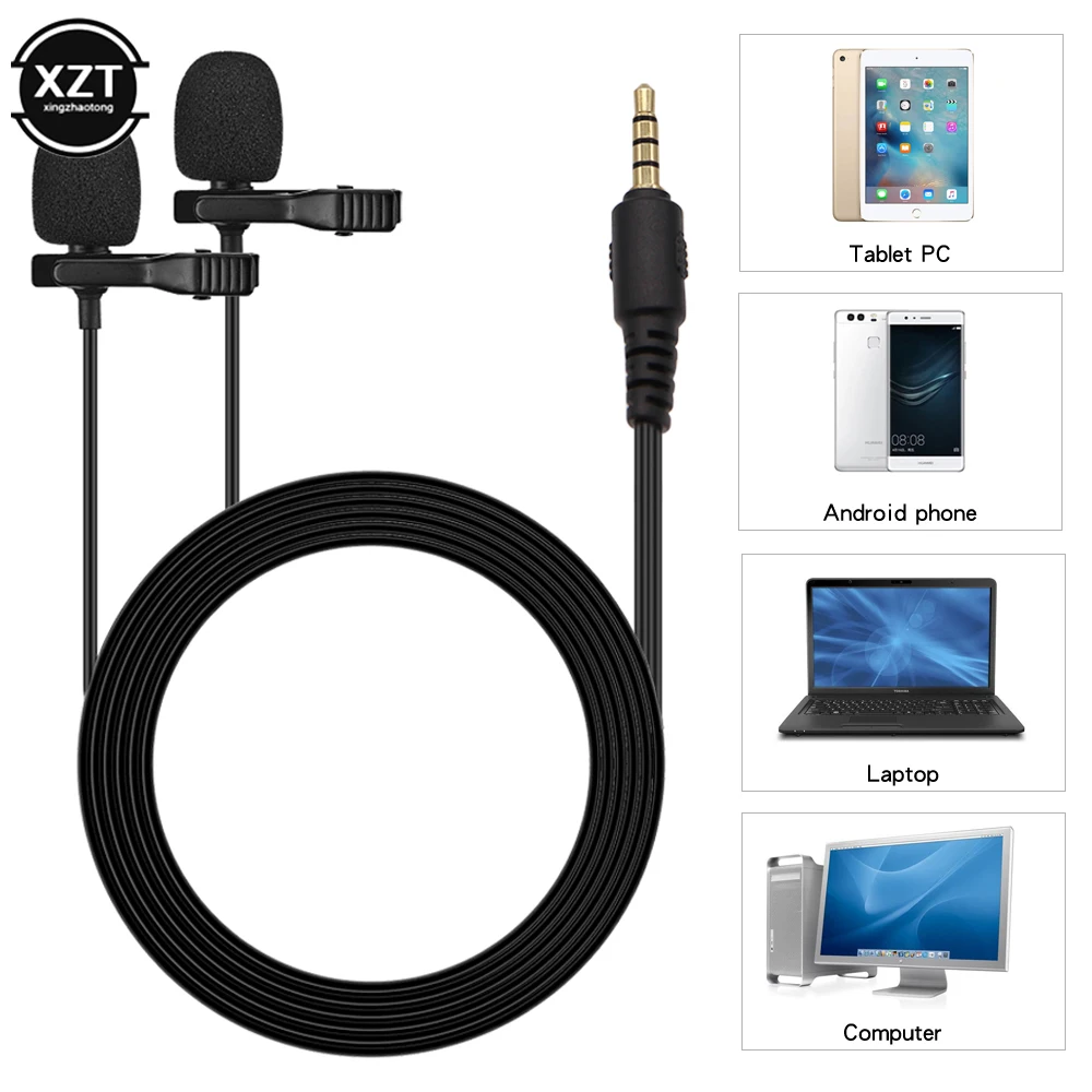 USB 2.0/3.5mm Dual heads Mics Microphone Clip-on Lavalier Lapel 3.5 mm 2 Mic for Phone Windows 10 7 8 Computer 2m | Электроника