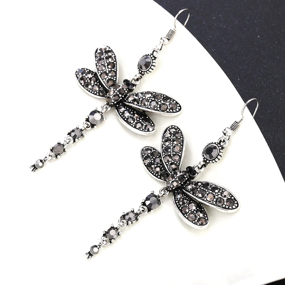 

Vintage Female Bjg Dragonfly Crystal Earrings Boho Rainbow Blue Green Stone Earrings Cute Silver Color Drop Earrings For Women