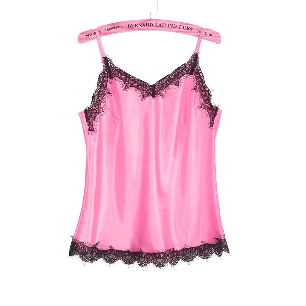 

Women's Pajamas Women Sleepwear Sleeveless Strap Nightwear Lace Trim Satin Cami Top Pajama Sets