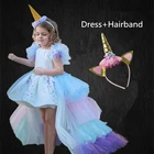 Платье для девочек, с длинным хвостом и единорогом, на день рождения, карнавальный костюм принцессы, Пастельная повязка на голову, платье-Радуга