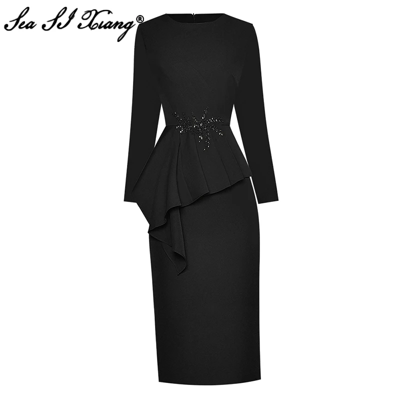 

Платье женское осеннее, с круглым вырезом и длинным рукавом