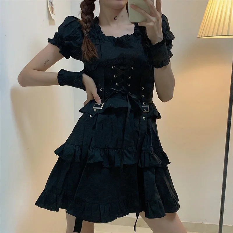 

Women's Gothic Lolita Dress Goth Punk Gothic Harajuku Mall Goth Style Bandage Black Dress Emo Clothes Dress Spring 2021