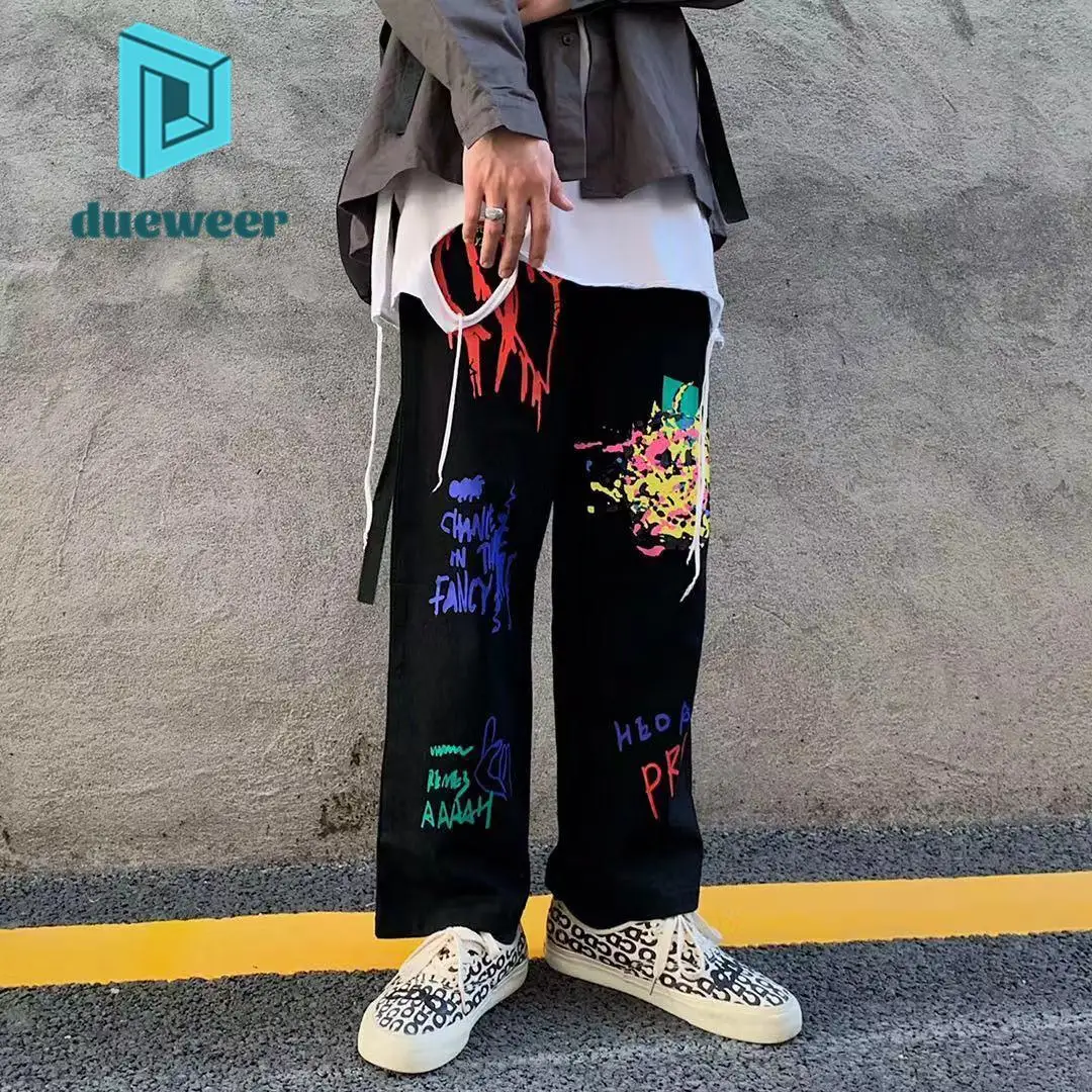 

DUEWEER Mens Straight Jeans Spring Summer Graffiti Printed Letter Trousers Men Casual Hip Hop Baggy Wide Leg Jeans Denim Pants