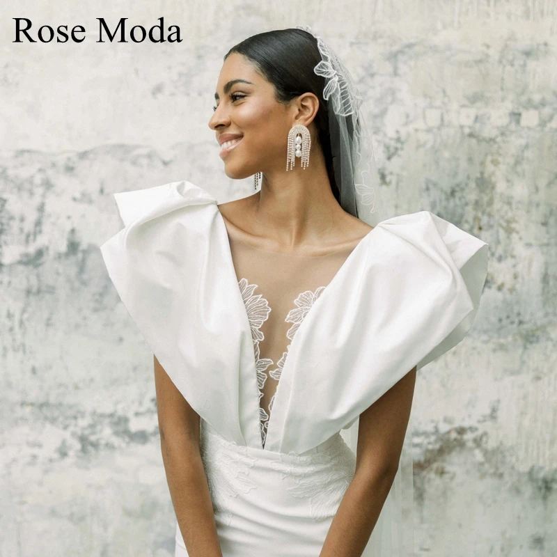

Rose Moda Illusion Deep V Neck Flare Sleeves Sheath Boho Wedding Dress Backless Destination Bridal Gown
