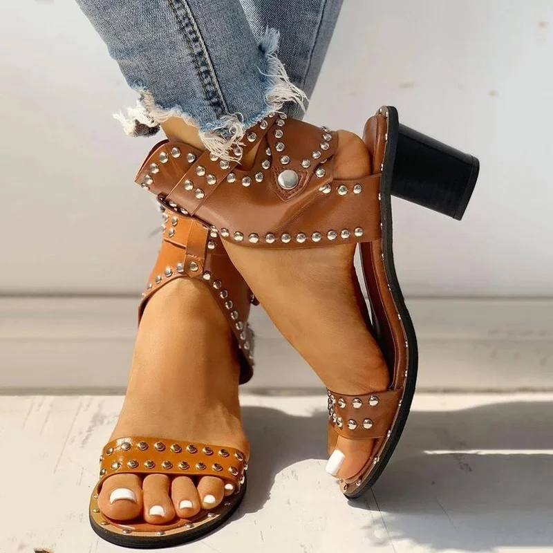 

2021 Fashion Women Summer Sandals Mid Heels Shoes Woman Rivet Gladiator Cross-tied Sexy Sandalias Buckle Strap Office Sandals