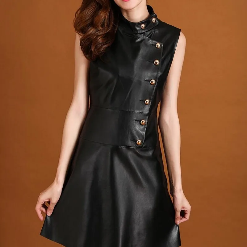 Женское Плиссированное мини-платье платье из натуральной кожи без рукавов в