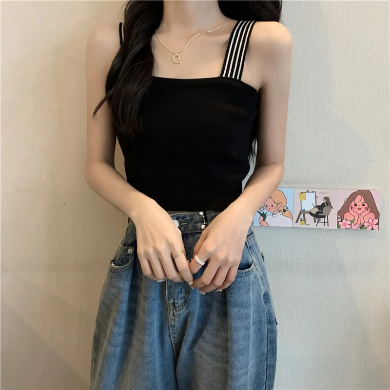 

Camis Women Striped Summer Cropped 5 Colors Tops Simple Trendy Chic Elastic All-match Knit Korean Style Leisure Comfortable New