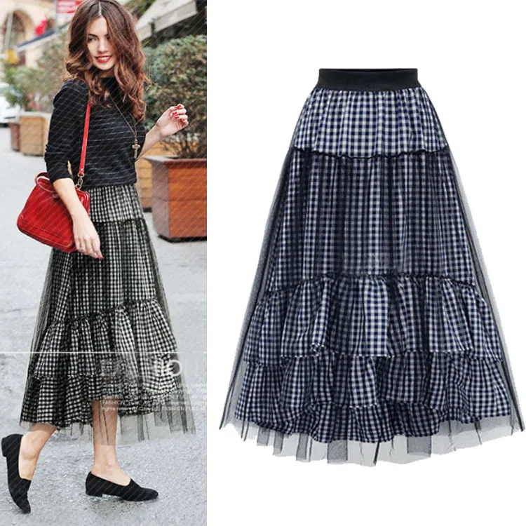 Юбка женская плиссированная длинная в клетку черная сетчатая школьная