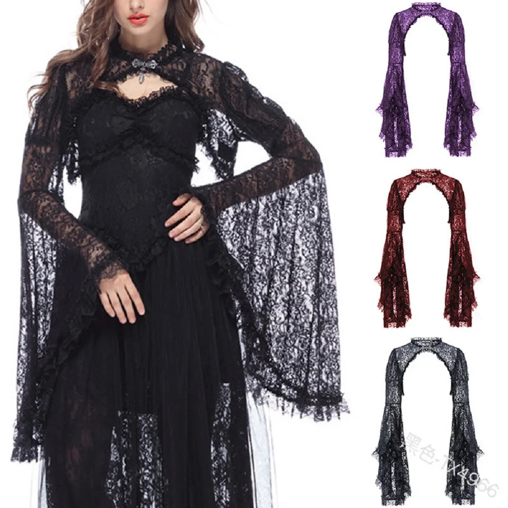 

Women Long Flare Sleeve Ruffle Short Shirt Vintage Victoria Lace Blouse Spring Summer Autumn Crop Top Lace Cover-Ups Suit