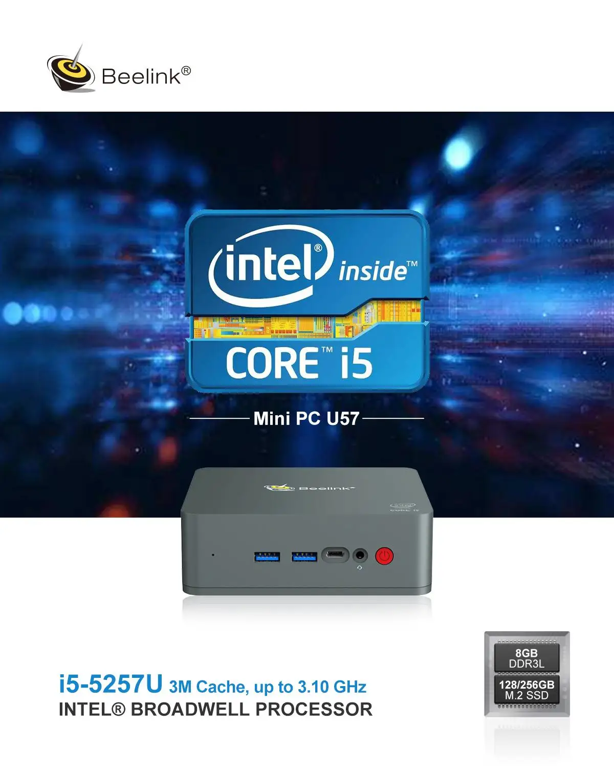 Beelink U57 Мини ПК Intel Broadwell i5-5257U 8G 128 Гб/256 ГБ/512 ГБ/1 ТБ Win10 USB 3 0 BT 4 Тип-C двойной WI-FI 2 4G + 5 12V