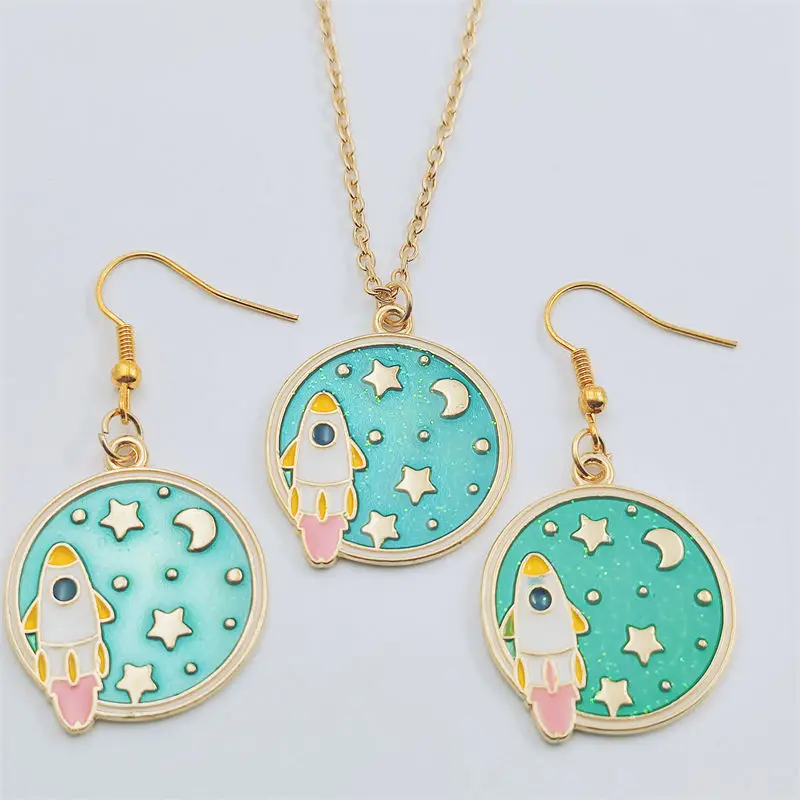 

Airship Star Moon Gold Earring Necklace Sets Jewelry Set Retro Vintage Antique,Fashion Women Christmas Birthday Girl Gifts