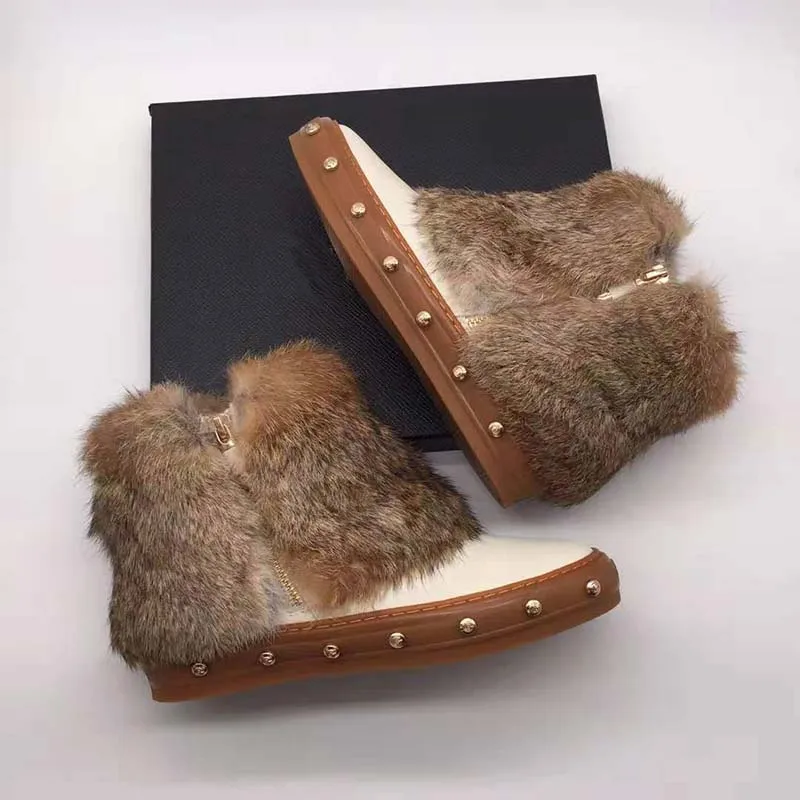 Wool Fur Snow Boots Women Round Toe Rivet Luxury Design Flat Shoes Woman Fashion Warm Ankle Boots Winter