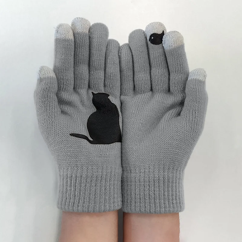 

WEPBEL Winter Warm Cold Cashmere Gloves Thick Cartoon Cat Print Wool Knitted Full Finger Gloves Men and Women Christmas Gloves