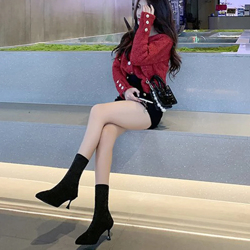 

Chelsea Fashion Sexy Women's Autumn Boots Heels Comfortable Stretch Cloth Stiletto Heels 5cm7cm9cm Goth Female High Boots