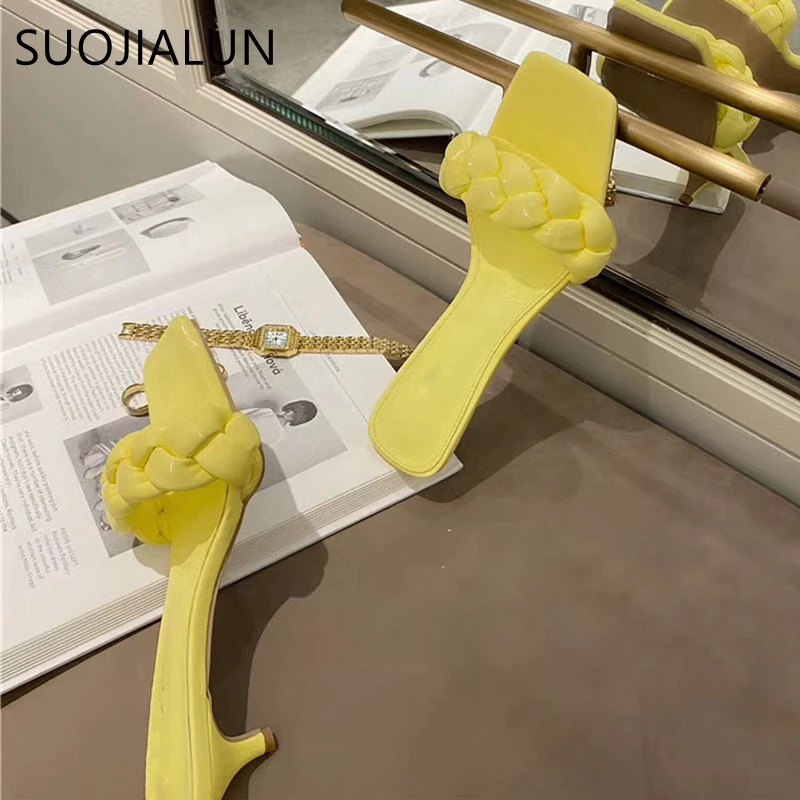 SUOJIALUN 2020 новый дизайн плетеные женские тапочки низкий тонкий каблук 3 см сандалии