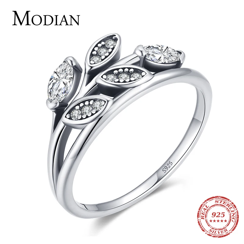 

Modian, винтажные листья на удачу, простое кольцо, реальное искусственное серебро, сверкающее, прозрачное, CZ, древо жизни, кольца на палец для же...