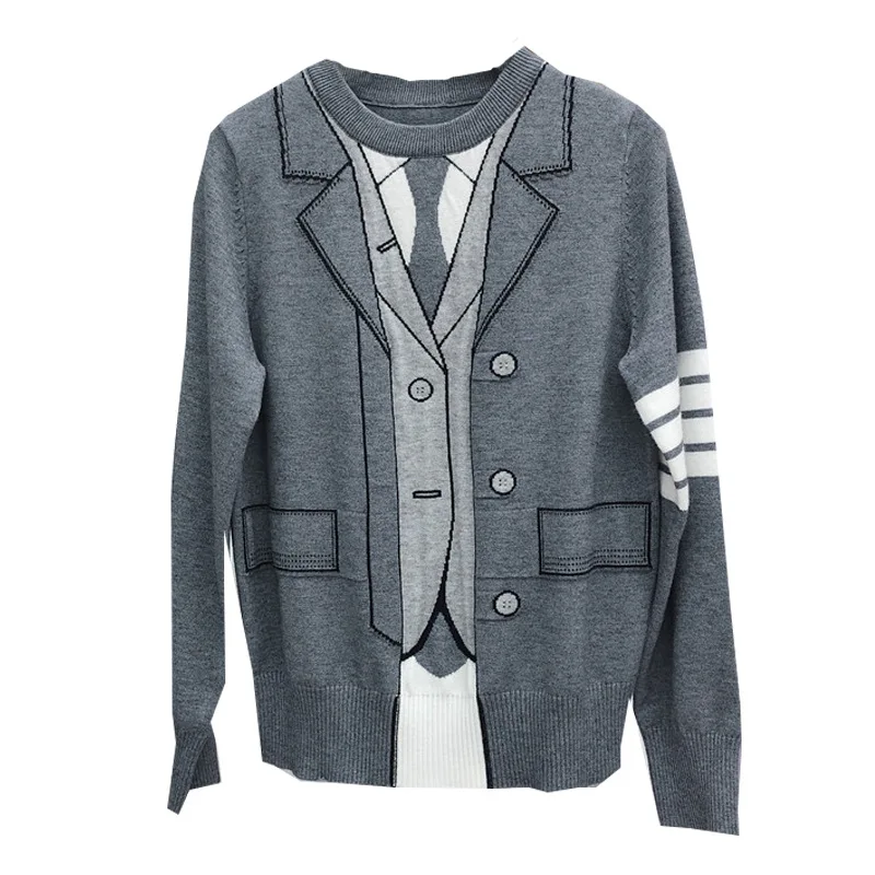 

Autumn/winter New Aging College Wind Four Abstract Fake Two-piece Sweater Round Collar Knitted Sweater