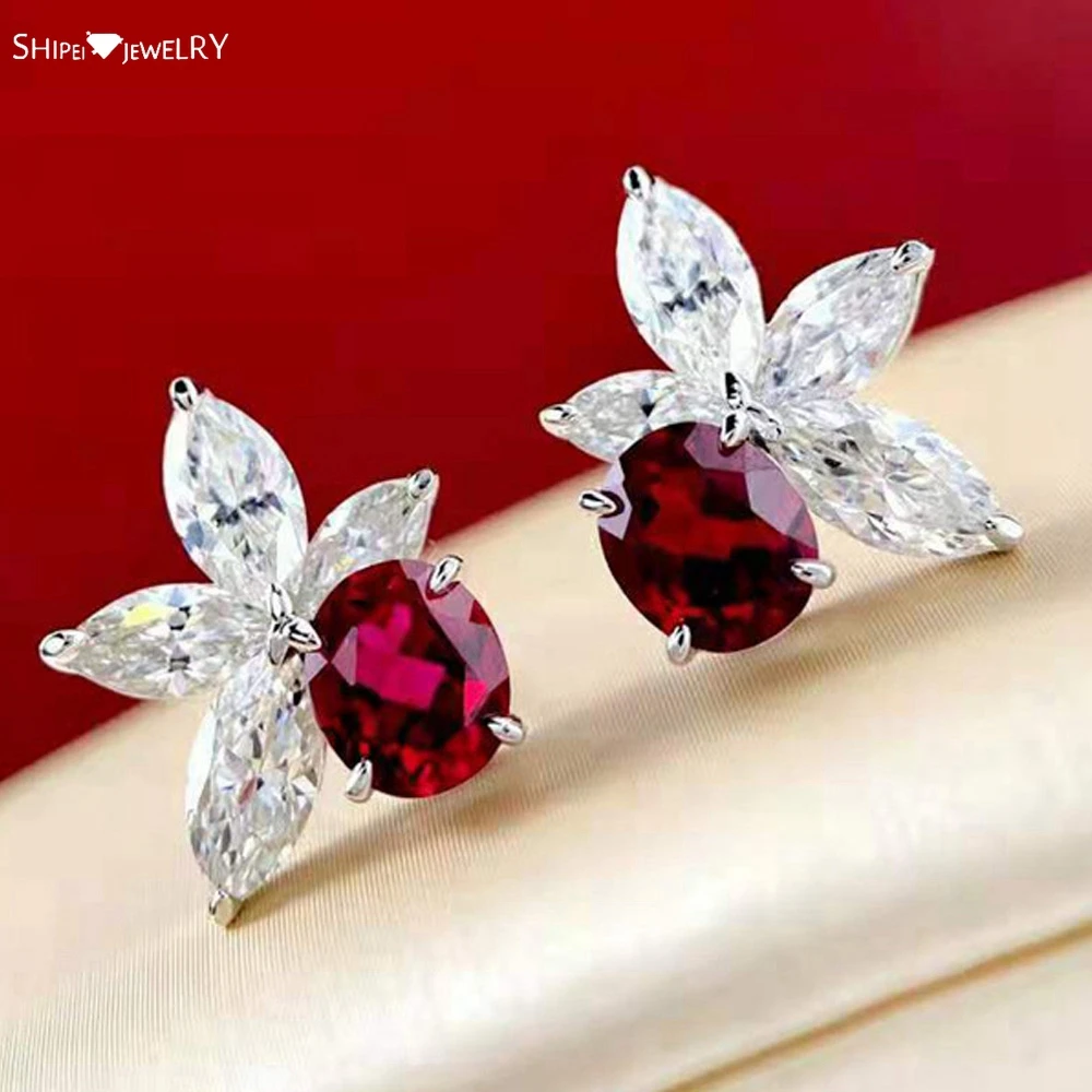 

Shipei 100% 925 Sterling Silver 1.2 CT Ruby Marquise Cut Created Moissanite Gemstone Party Ear Studs Earrings Fine Jewelry Gift
